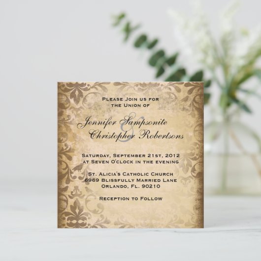 Cute  Brown Damask Elegant Wedding Invitati Kaart (Staand voorkant)