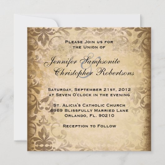 Cute  Brown Damask Elegant Wedding Invitati Kaart (Voorkant)