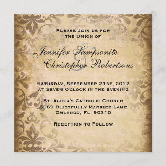 Cute  Brown Damask Elegant Wedding Invitati Kaart