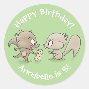 Cute brown eekhoorns die een pinda cartoon delen ronde sticker