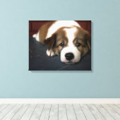 Cute Brown en White Puppy Canvas Afdruk (Insitu (Houten vloer))