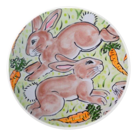 Cute Brown Green Bunny Rabbits Carrots Cute Keramische Knop (Voorkant)