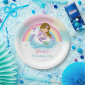 Cute Brown Hair Mermaid and Unicorn Pool Birthday Papieren Bordje (Feest)