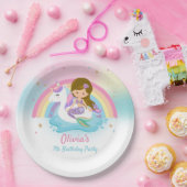 Cute Brown Hair Mermaid and Unicorn Pool Birthday Papieren Bordje (Feest)
