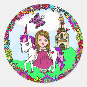 Cute Brown Haire Princess and Unicorn Castle Ronde Sticker