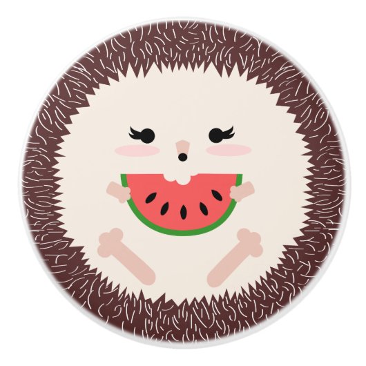 Cute Brown Hedegel Eating Watermelon Slice Keramische Knop (Voorkant)