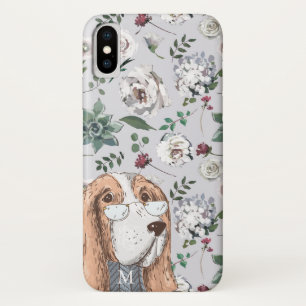 Cute Brown Hipster Dog met Flowers en Monogram Case-Mate iPhone Case