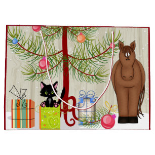 Cute Brown Horse and Kitten Barn-kerstfeestdag Groot Cadeauzakje