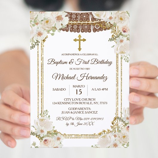 Cute Brown Mexican Baptism & First Birthday Kaart