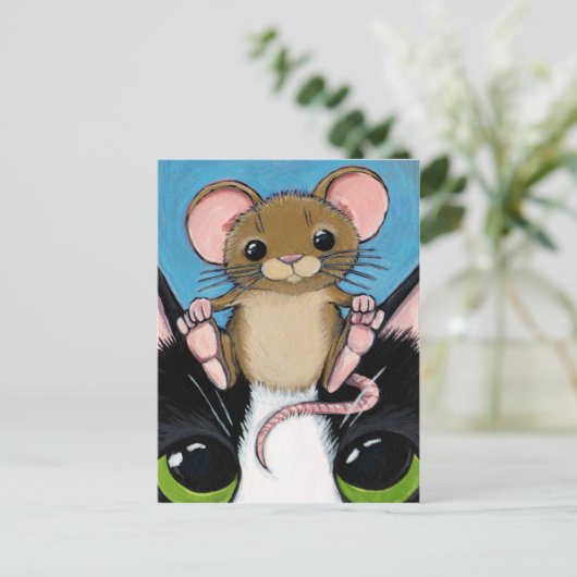 Cute Brown Mouse en Cat Briefkaart (Staand voorkant)