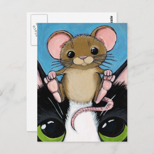 Cute Brown Mouse en Cat Briefkaart (Voorkant / Achterkant)
