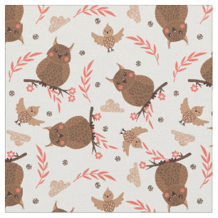 Cute Brown Owl and Bird Pattern Stof