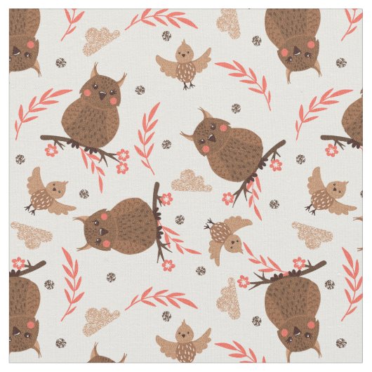 Cute Brown Owl and Bird Pattern Stof (Close Up)