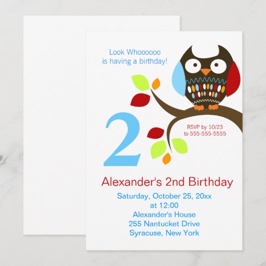 Cute Brown Owl Birthday Invitation Kaart (Voorkant / Achterkant)