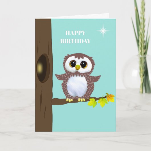 Cute Brown Owl & Editable Birthday Wishes op Blauw Kaart (Voorkant)