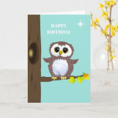 Cute Brown Owl & Editable Birthday Wishes op Blauw Kaart (Gele Bloem)