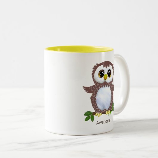 Cute Brown Owl, Laurel Leaves & Calligraphy Tweekleurige Koffiemok (Voorkant rechts)