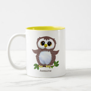Cute Brown Owl, Laurel Leaves & Calligraphy Tweekleurige Koffiemok