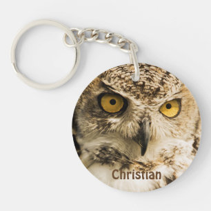 Cute Brown owl met gele ogen naam toevoegen Sleutelhanger