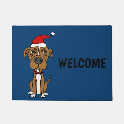 Cute Brown Pit bull in Santa hat Kerstmis Cartoon Deurmat (Voorkant)