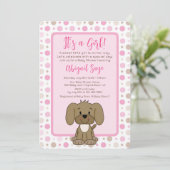 Cute Brown Puppy Dog Pink Polka Dot Baby shower Kaart (Staand voorkant)