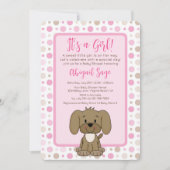 Cute Brown Puppy Dog Pink Polka Dot Baby shower Kaart (Voorkant)