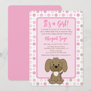 Cute Brown Puppy Dog Pink Polka Dot Baby shower Kaart