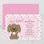 Cute Brown Puppy Dog Pink Polka Dot Baby shower Kaart (Voorkant / Achterkant)