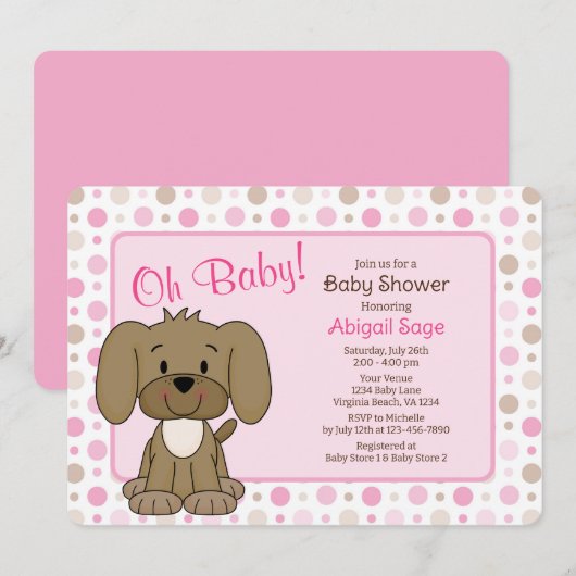 Cute Brown Puppy Dog Pink Polka Dot Baby shower Kaart (Voorkant / Achterkant)