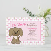 Cute Brown Puppy Dog Pink Polka Dot Baby shower Kaart (Staand voorkant)