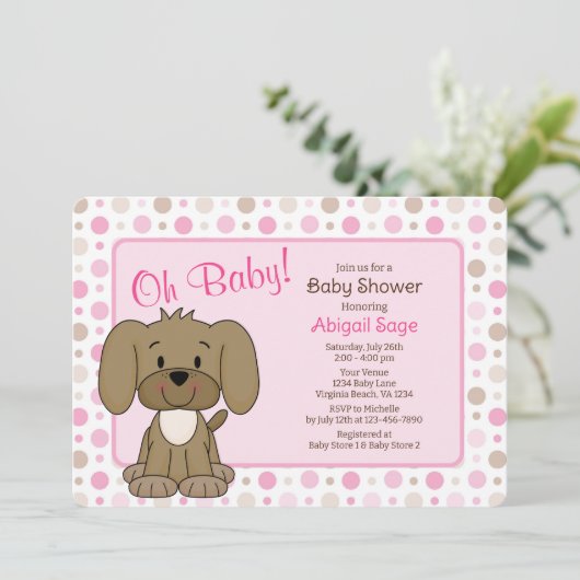 Cute Brown Puppy Dog Pink Polka Dot Baby shower Kaart (Staand voorkant)