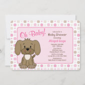 Cute Brown Puppy Dog Pink Polka Dot Baby shower Kaart (Voorkant)