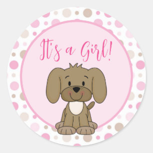 Cute Brown Puppy Dog Pink Polka Dot Baby shower Ronde Sticker