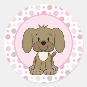 Cute Brown Puppy Dog Pink Polka Dot Baby shower Ronde Sticker