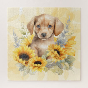Cute Brown Puppy Yellow Sunflower Waterverf Legpuzzel