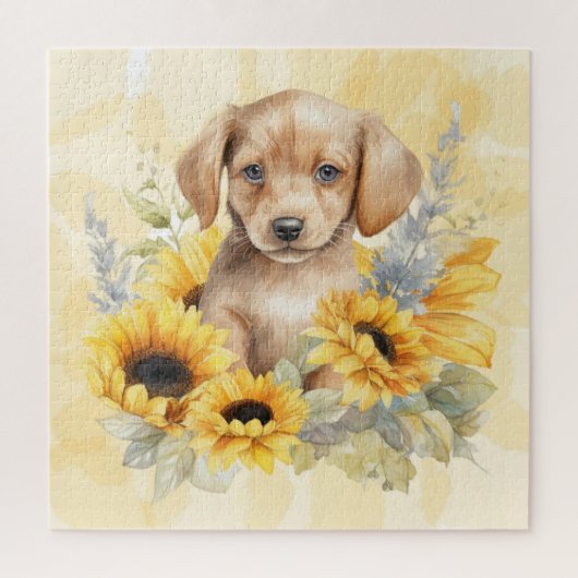 Cute Brown Puppy Yellow Sunflower Waterverf Legpuzzel (Verticaal)
