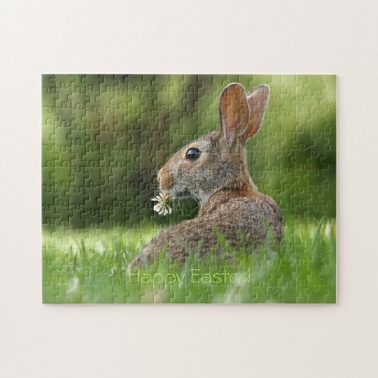 Cute Brown Rabbit met Flower in Grass Easter Legpuzzel (Horizontaal)