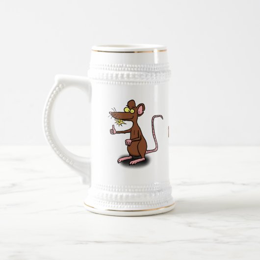 Cute brown rat duikt op cartoon bierpul (Links)