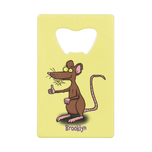 Cute brown rat duikt op cartoon creditkaart flessenopener