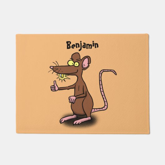 Cute brown rat duikt op cartoon deurmat (Voorkant)