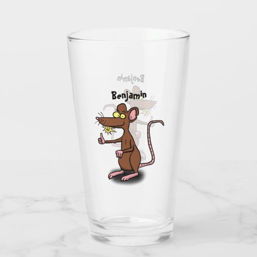 Cute brown rat duikt op cartoon glas (Achterkant)
