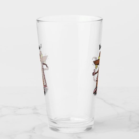 Cute brown rat duikt op cartoon glas (Links)