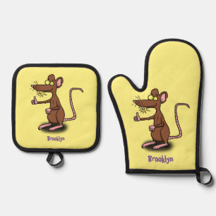 Cute brown rat duikt op cartoon ovenwant & pannenlap set