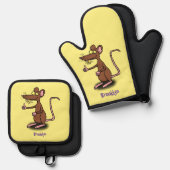Cute brown rat duikt op cartoon ovenwant & pannenlap set (Voorkant / Achterkant)