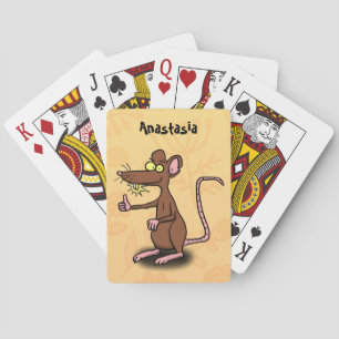 Cute brown rat duikt op cartoon pokerkaarten