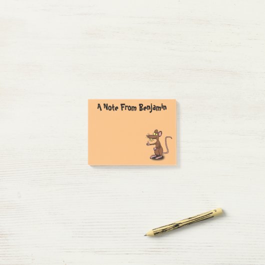 Cute brown rat duikt op cartoon post-it® notes (Op bureau)