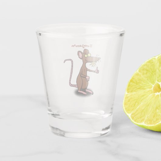 Cute brown rat duikt op cartoon shot glas (Achterkant)