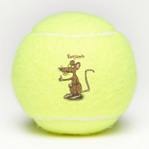 Cute brown rat duikt op cartoon tennisballen