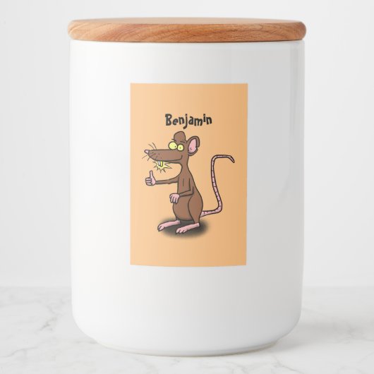 Cute brown rat duikt op cartoon voedselcontainer etiket (Voorkant)
