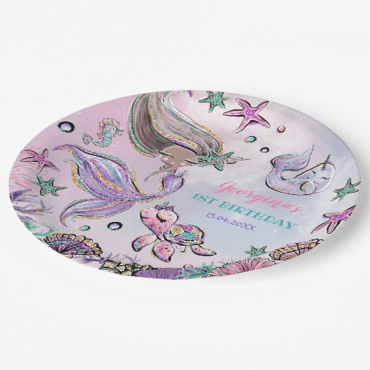 Cute Brown Skin Mermaid Zee Turtle Narwhal Party Papieren Bordje (Gekanteld)